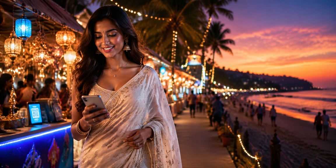 Mobile phone showing payment screen on a beach in Goa