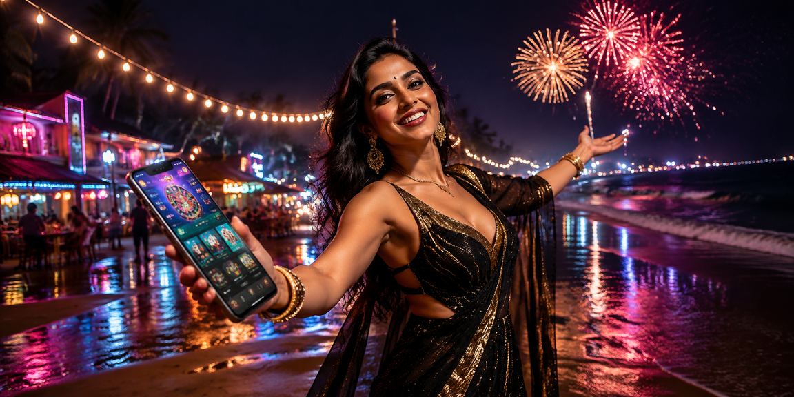 Indian woman enjoying slots games on mobile by the beach