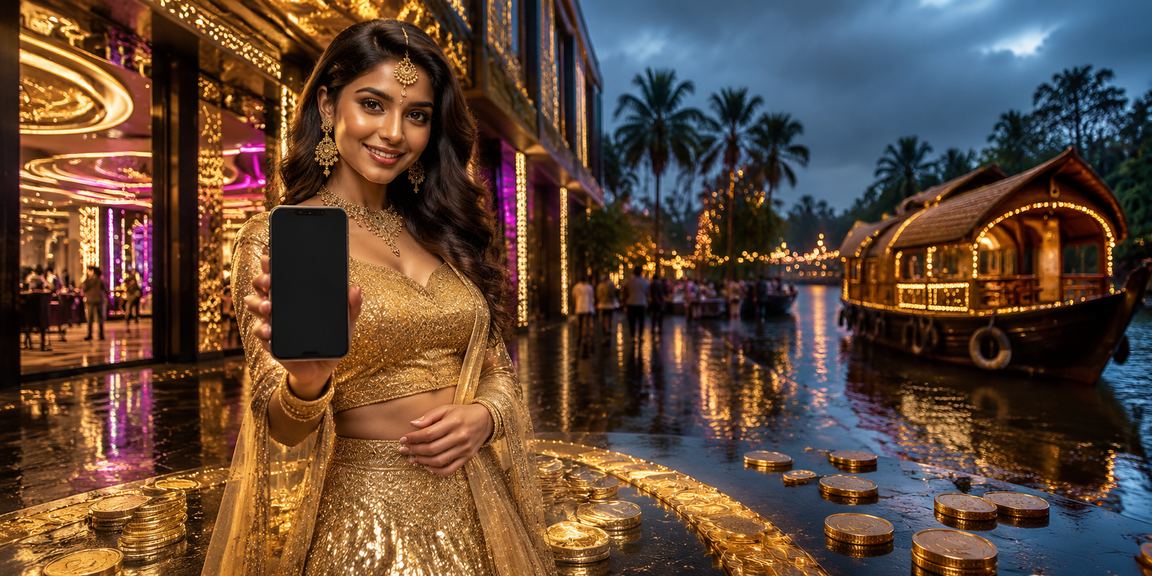 Excited player using casino app against Kerala backwaters setting