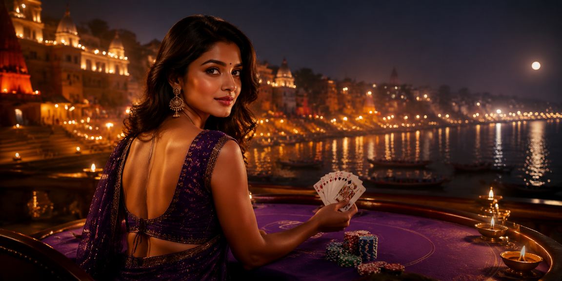 Young Indian lady playing Teen Patti card game on mobile at Varanasi Ghat
